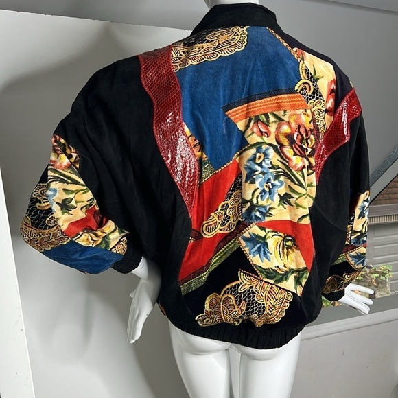Cache Sz M Vintage Black Suede Snakeskin and Velvet Appliqué Bomber Zip Jacket - Picture 4 of 16